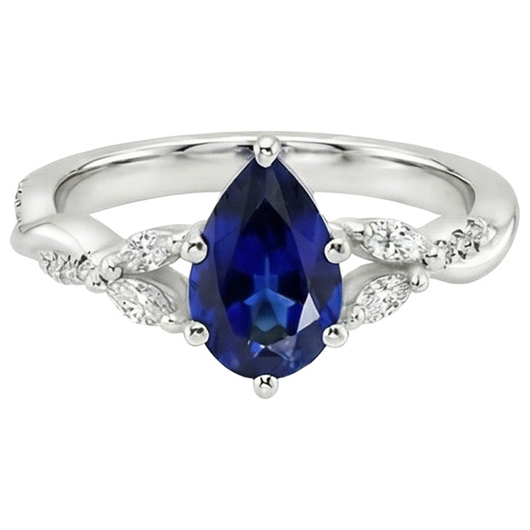 Bague Pierre Gemme Saphir Bleu Poire 7.25 Carats Marquise & Diamants Naturels Extraits des Mines ( et non cultivés en laboratoire ) Ronds