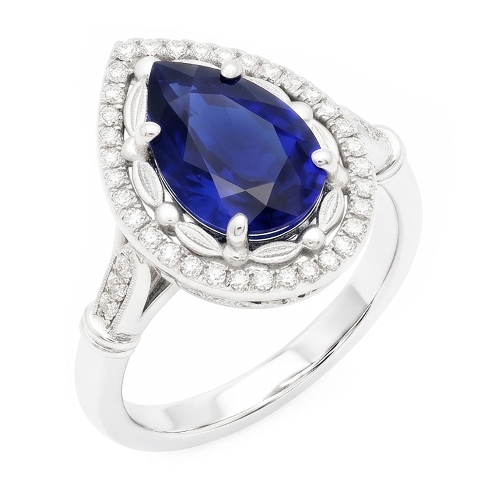 Bague Pierre Précieuse Or 14K Blanc avec Saphir Bleu Royal