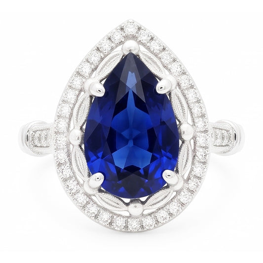 Bague Pierre Précieuse Or 14K Blanc avec Saphir Bleu Royal
