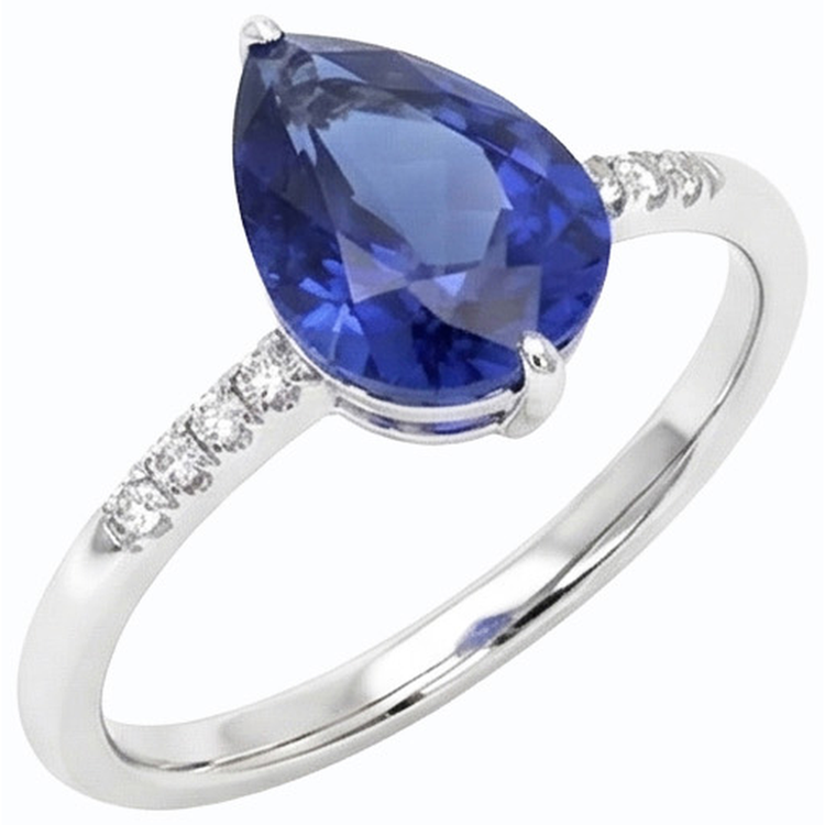 Bague Pierre Saphir Bleu Poire & Petits Diamants Ronds 3 Carats