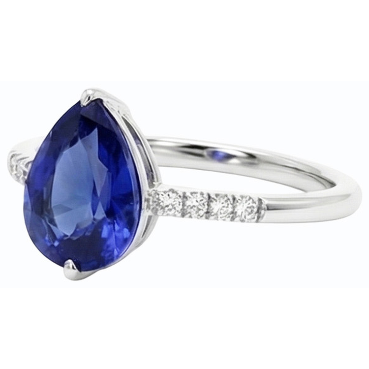 Bague Pierre Saphir Bleu Poire & Petits Diamants Ronds 3 Carats