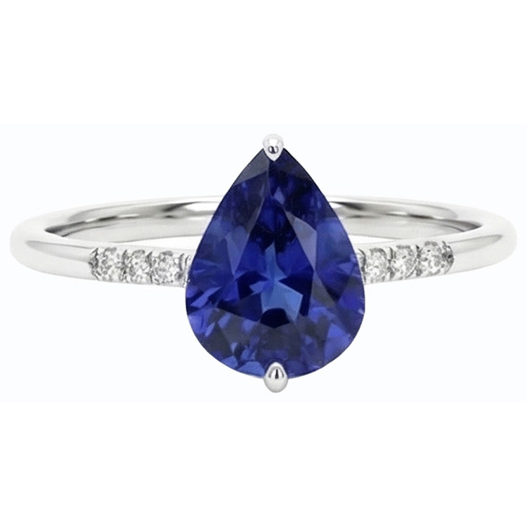 Bague Pierre Saphir Bleu Poire & Petits Diamants Ronds 3 Carats
