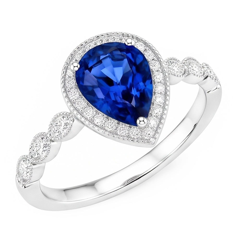 Bague Pierre de Couleur Or 14K Blanc – Saphir Bleu Taille Poire