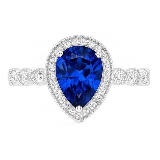 Bague Pierre de Couleur Or 14K Blanc – Saphir Bleu Taille Poire
