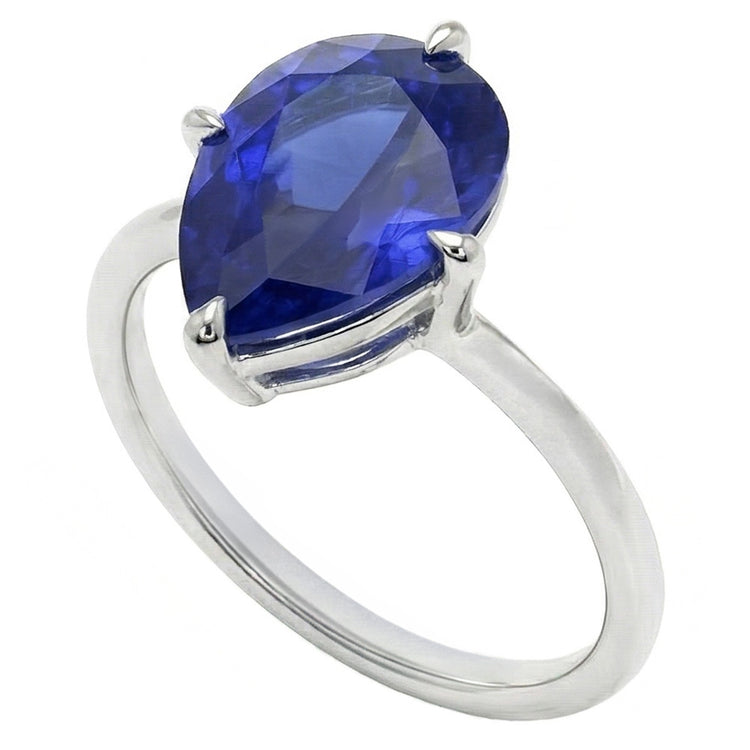 Bague Pierre de Couleur Or 14K Blanc – Saphir Bleu Taille Poire
