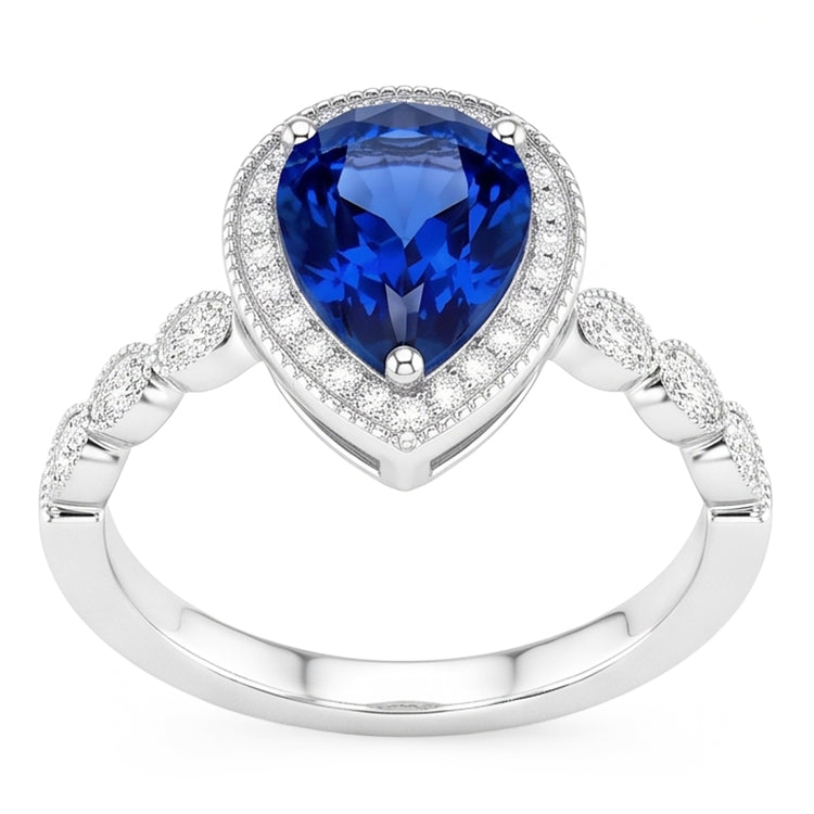 Bague Pierre de Couleur Or 14K Blanc – Saphir Bleu Taille Poire