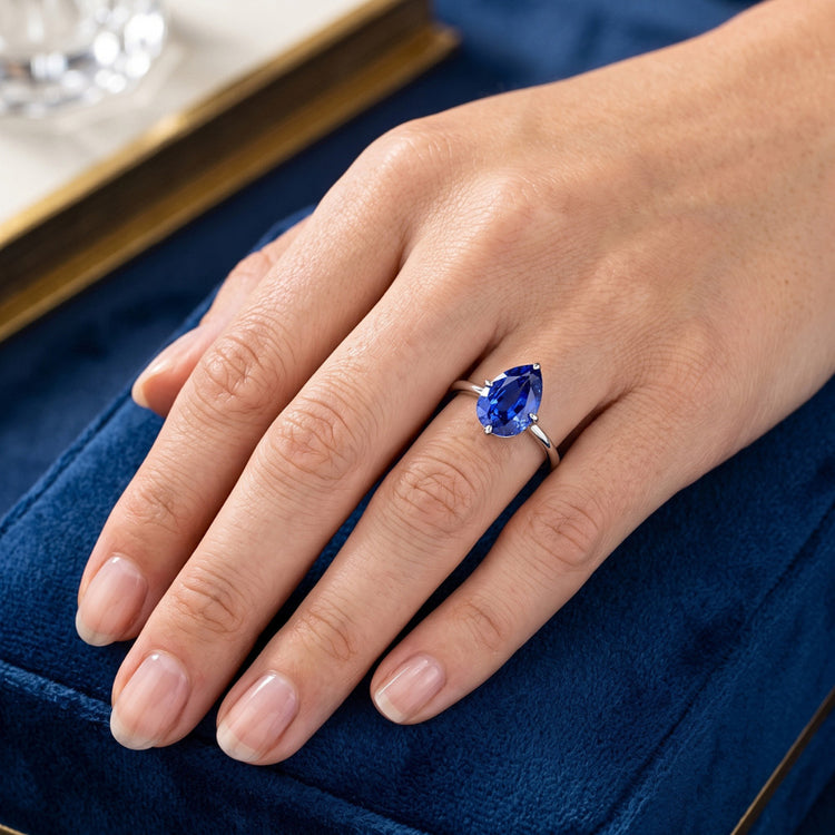 Bague Pierre de Couleur Or 14K Blanc avec Saphir Bleu Bleuet