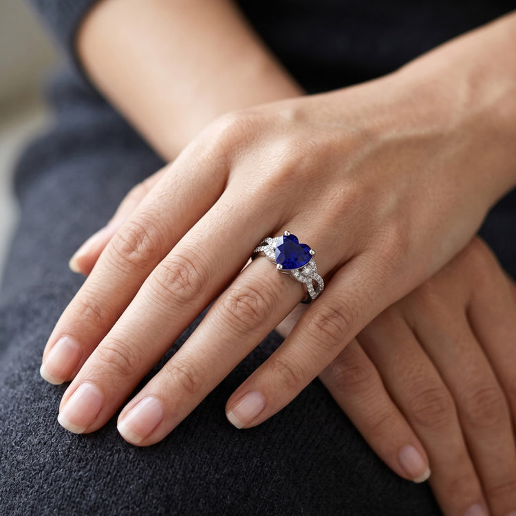 Bague Pierres Précieuses Coupe Coeur Saphir Bleu Split Tige 4.50 Carats
