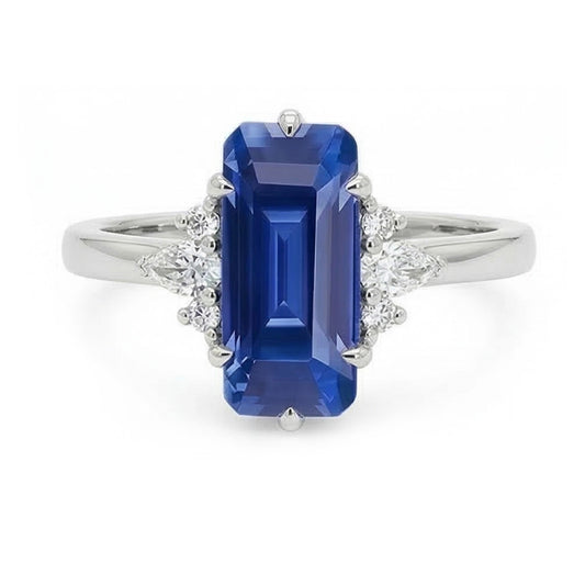 Bague Pierres Précieuses Emeraude Ceylan Saphir Poire & Diamants Ronds 3 Carats