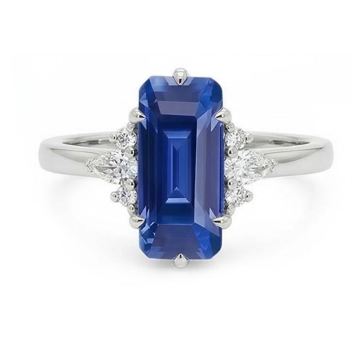 Bague Pierres Précieuses Emeraude Ceylan Saphir Poire & Diamants Ronds 3 Carats