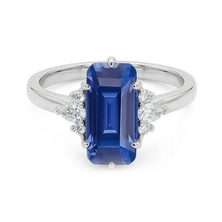 Bague Pierres Précieuses Emeraude Ceylan Saphir Poire & Diamants Ronds 3 Carats