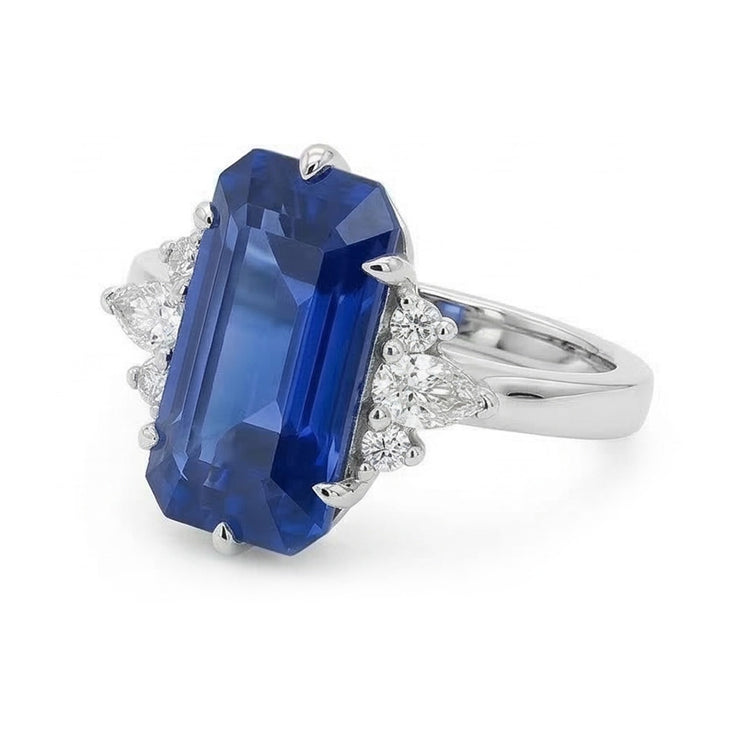Bague Pierres Précieuses Emeraude Ceylan Saphir Poire & Diamants Ronds 3 Carats