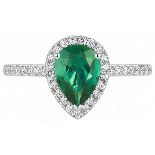 Bague Pierres Précieuses Émeraude Poire Verte Or Blanc 14K 5.35 Carats