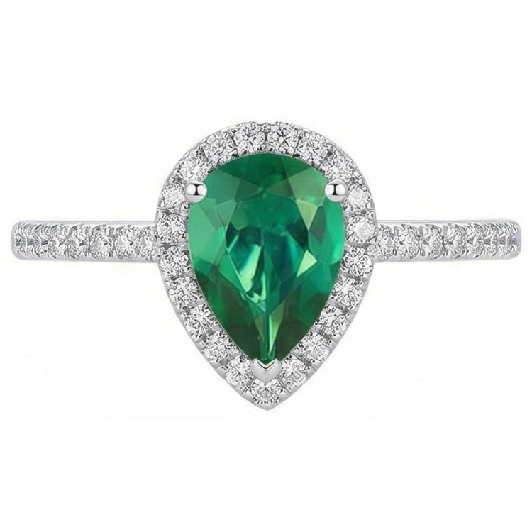 Bague Pierres Précieuses Émeraude Poire Verte Or Blanc 14K 5.35 Carats