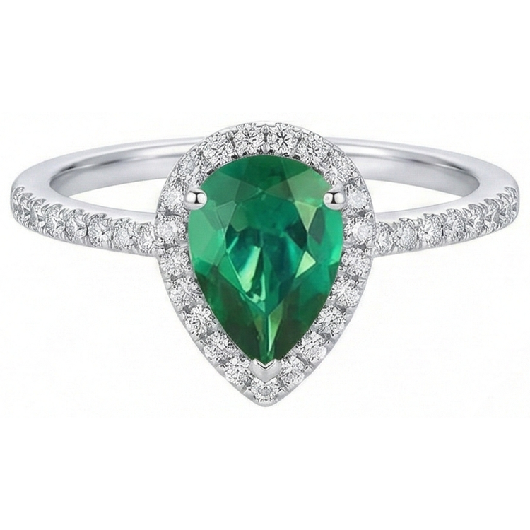 Bague Pierres Précieuses Émeraude Poire Verte Or Blanc 14K 5.35 Carats