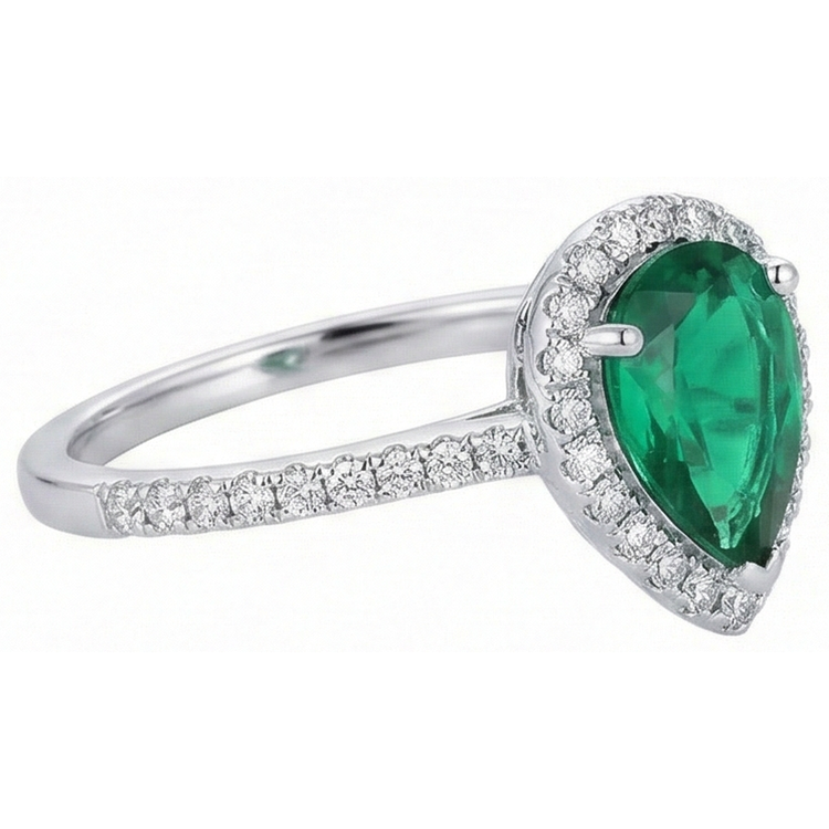 Bague Pierres Précieuses Émeraude Poire Verte Or Blanc 14K 5.35 Carats