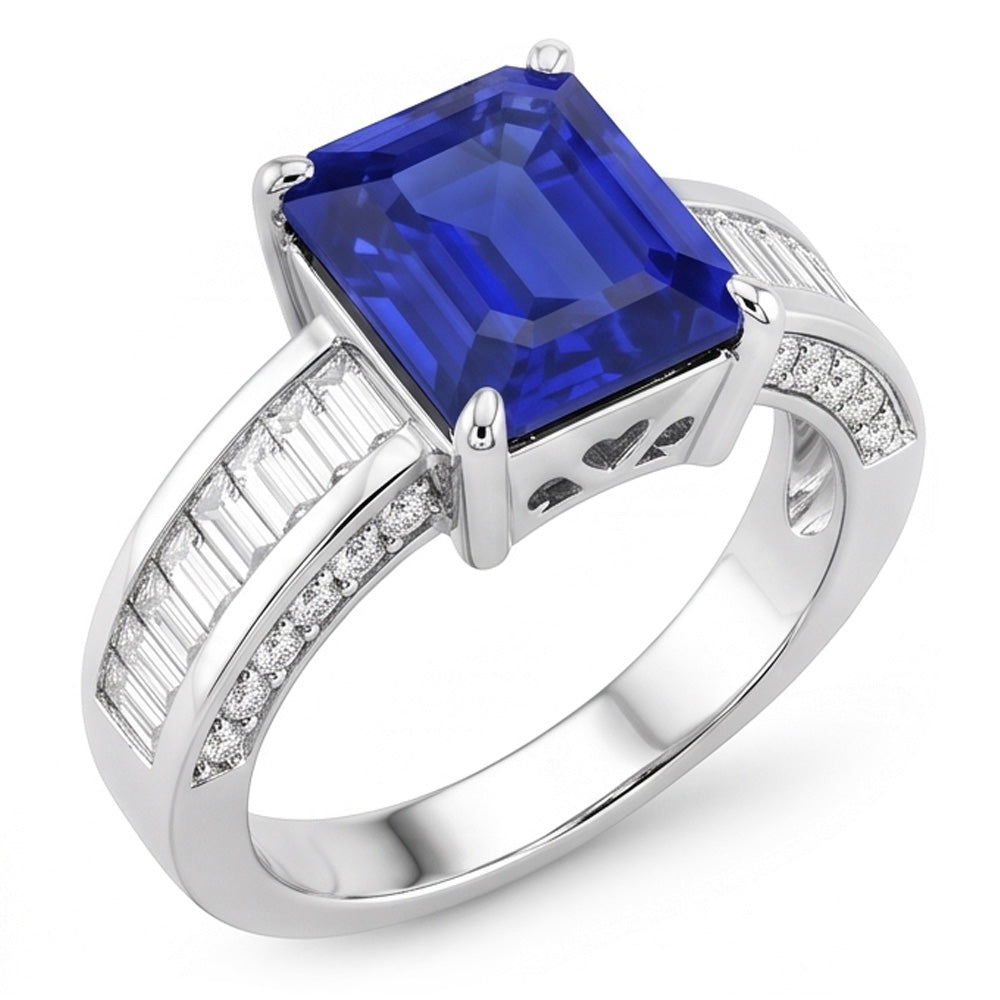 Bague Pierres Précieuses Emeraude Saphir Baguette & Diamants Ronds 4.50 Carats