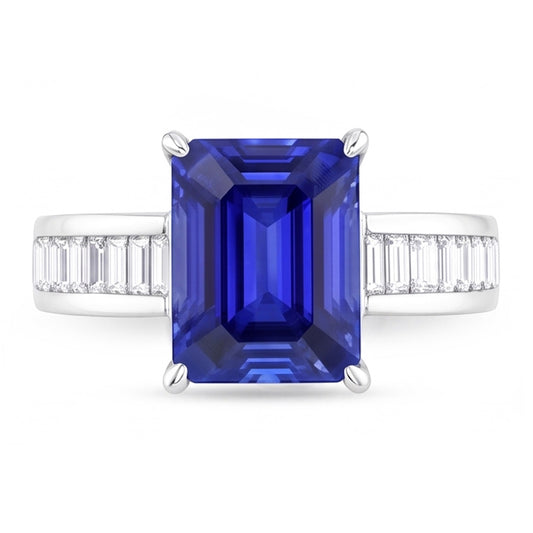 Bague Pierres Précieuses Emeraude Saphir Baguette & Diamants Ronds 4.50 Carats