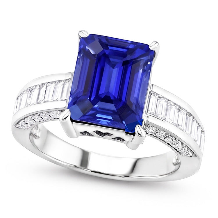 Bague Pierres Précieuses Emeraude Saphir Baguette & Diamants Ronds 4.50 Carats
