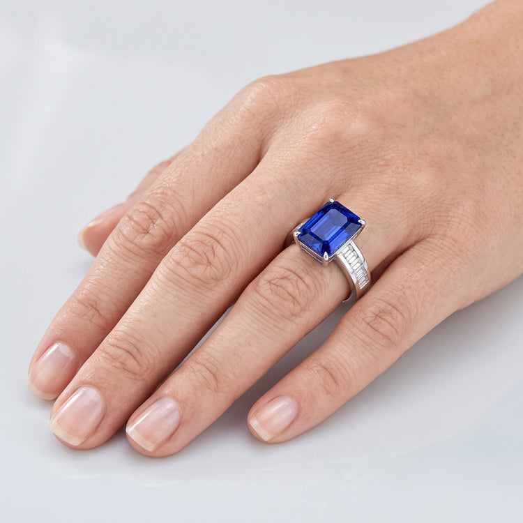 Bague Pierres Précieuses Emeraude Saphir Baguette & Diamants Ronds 4.50 Carats