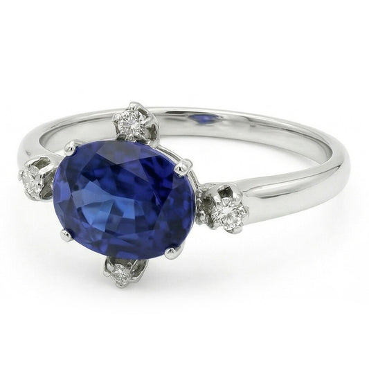 Bague Pierres Précieuses Saphir Bleu & Diamants Bijoux 5 Pierres 3.50 Carats