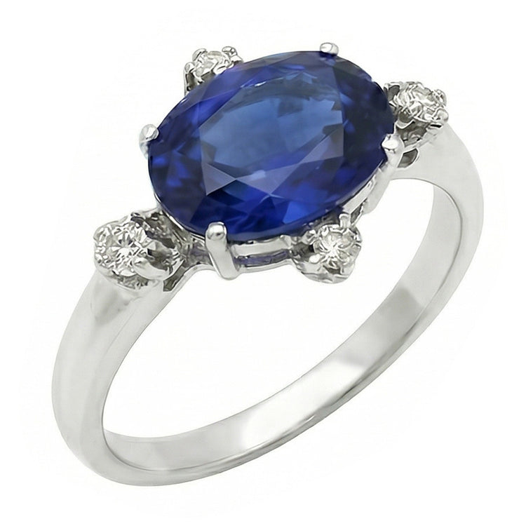 Bague Pierres Précieuses Saphir Bleu & Diamants Bijoux 5 Pierres 3.50 Carats