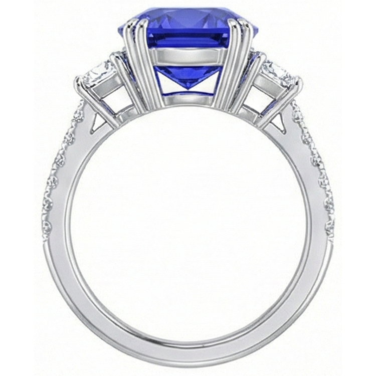 Bague Pierres Précieuses Saphir Ovale Trapèze & Pavé Serti Diamants 5.50 Carats