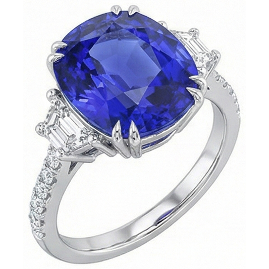 Bague Pierres Précieuses Saphir Ovale Trapèze & Pavé Serti Diamants 5.50 Carats