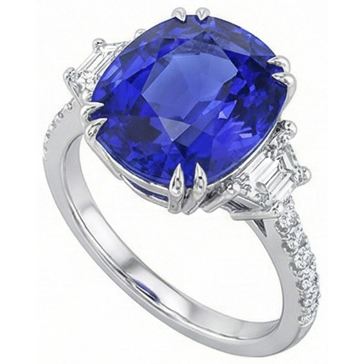 Bague Pierres Précieuses Saphir Ovale Trapèze & Pavé Serti Diamants 5.50 Carats