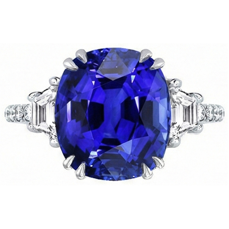 Bague Pierres Précieuses Saphir Ovale Trapèze & Pavé Serti Diamants 5.50 Carats