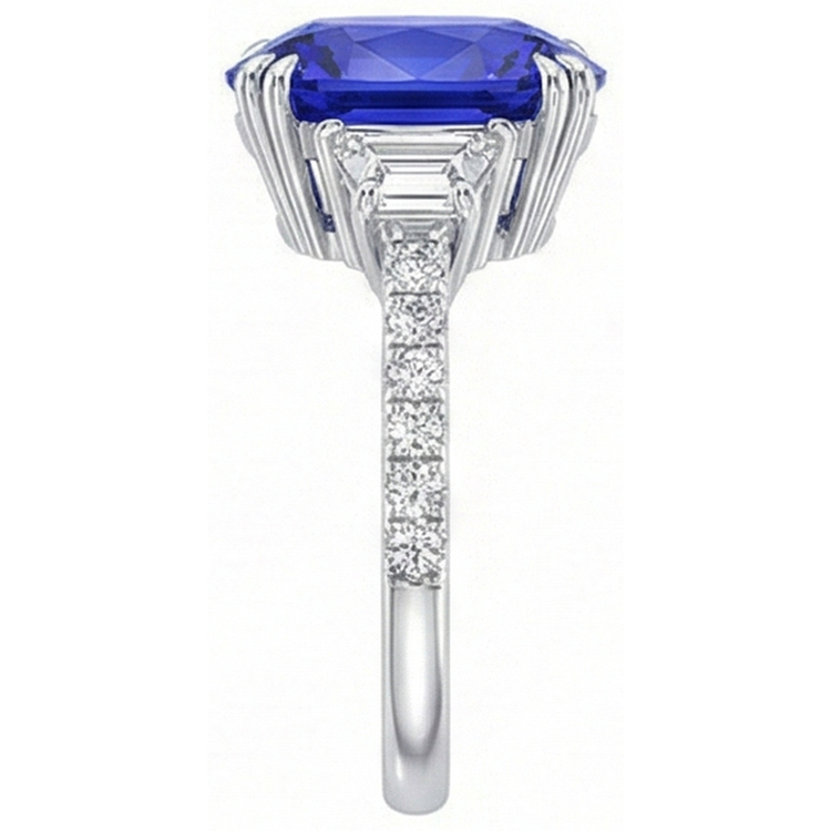 Bague Pierres Précieuses Saphir Ovale Trapèze & Pavé Serti Diamants 5.50 Carats
