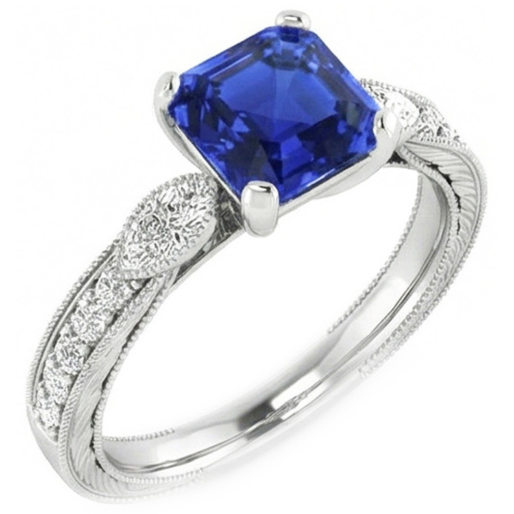 Bague Pierres Précieuses Style Vintage Asscher Saphir Bleu Avec Accents 3 Carats