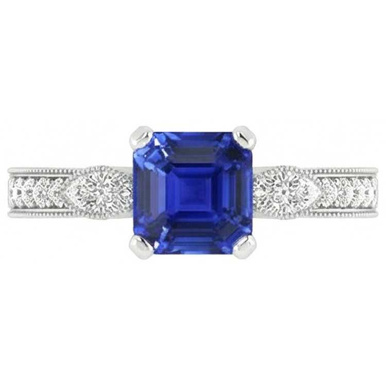Bague Pierres Précieuses Style Vintage Asscher Saphir Bleu Avec Accents 3 Carats