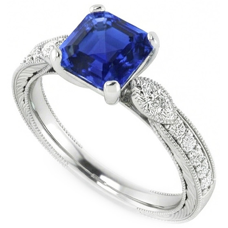 Bague Pierres Précieuses Style Vintage Asscher Saphir Bleu Avec Accents 3 Carats