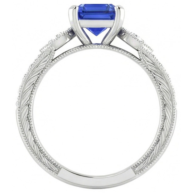 Bague Pierres Précieuses Style Vintage Asscher Saphir Bleu Avec Accents 3 Carats