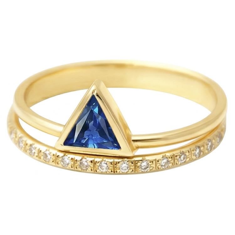 Bague Pierres Précieuses Trillion Lunette Sertie Saphir Bleu 1 Carat Diamants Or