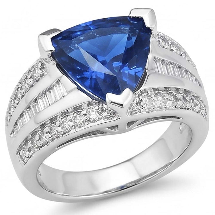 Bague Pierres Précieuses Trillion Saphir 4.50 Carats Baguette & Diamants Ronds