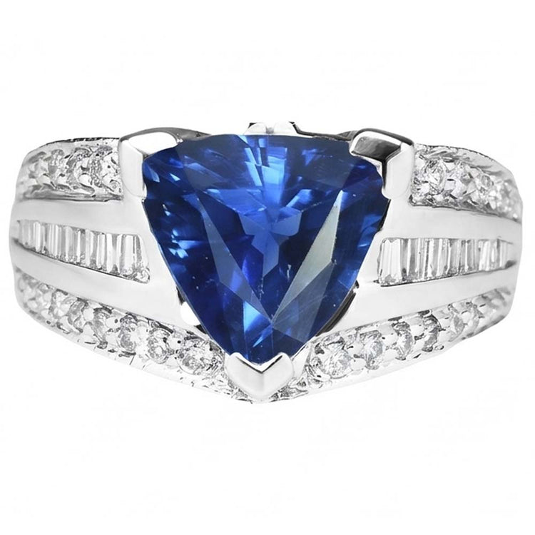 Bague Pierres Précieuses Trillion Saphir 4.50 Carats Baguette & Diamants Ronds