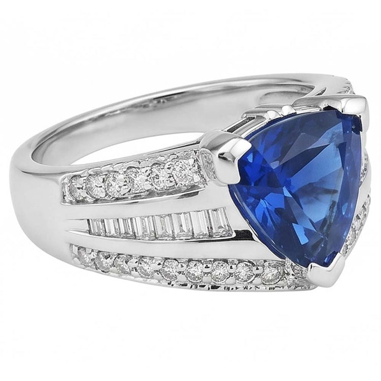 Bague Pierres Précieuses Trillion Saphir 4.50 Carats Baguette & Diamants Ronds