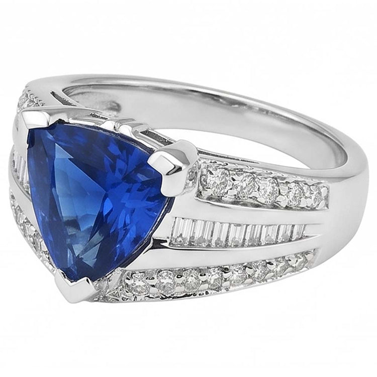 Bague Pierres Précieuses Trillion Saphir 4.50 Carats Baguette & Diamants Ronds