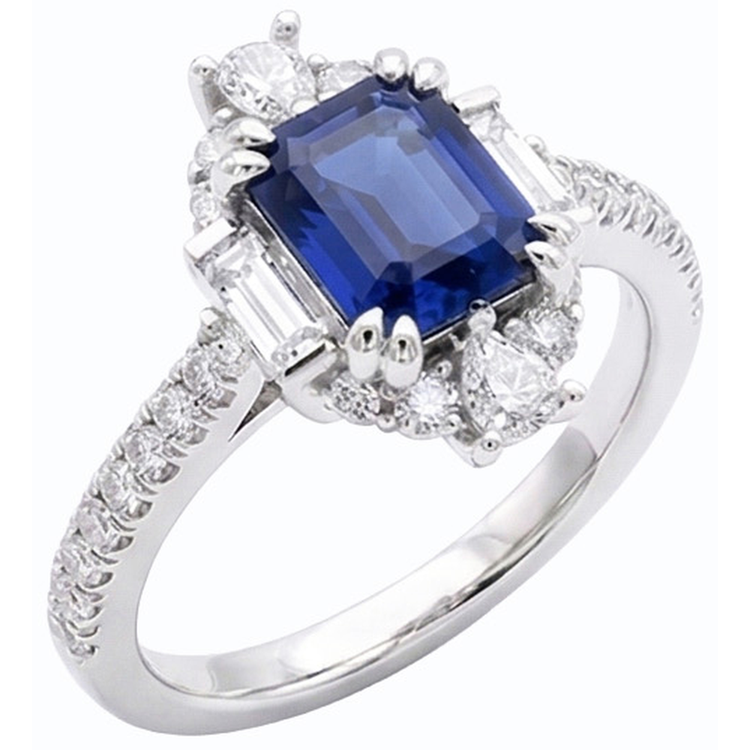Bague Pierres Précieuses émeraude Saphir Baguette & Pavé Diamant 3.50 Carats