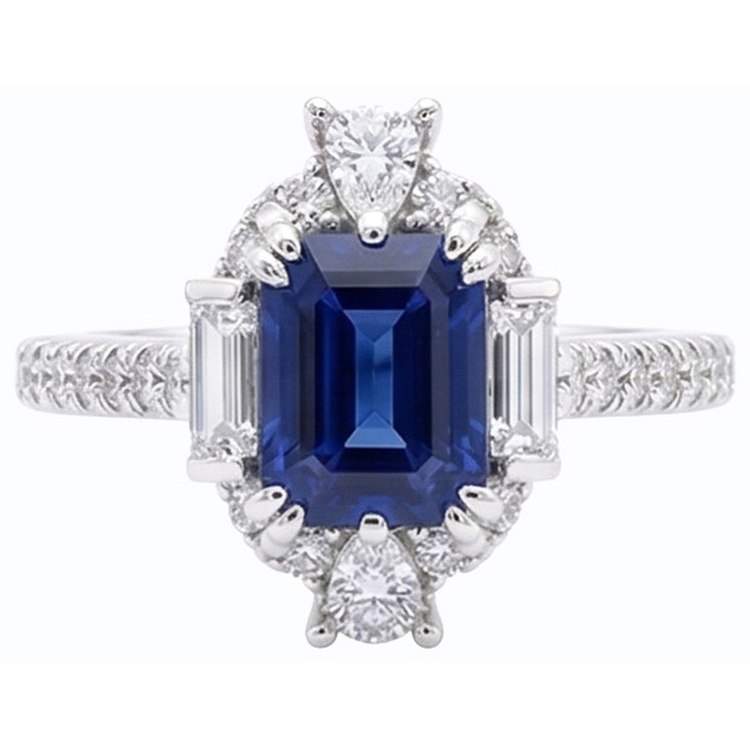 Bague Pierres Précieuses émeraude Saphir Baguette & Pavé Diamant 3.50 Carats