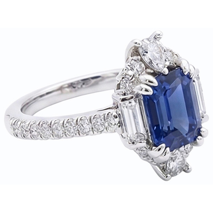 Bague Pierres Précieuses émeraude Saphir Baguette & Pavé Diamant 3.50 Carats