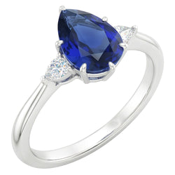 Bague Poire Diamant 3 Pierres Saphir Bleu 1.75 Carats Tige Conique Or