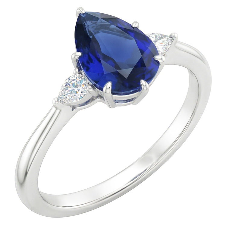 Bague Poire Diamant 3 Pierres Saphir Bleu 1.75 Carats Tige Conique Or