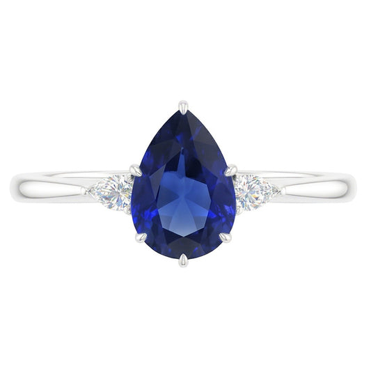 Bague Poire Diamant 3 Pierres Saphir Bleu 1.75 Carats Tige Conique Or