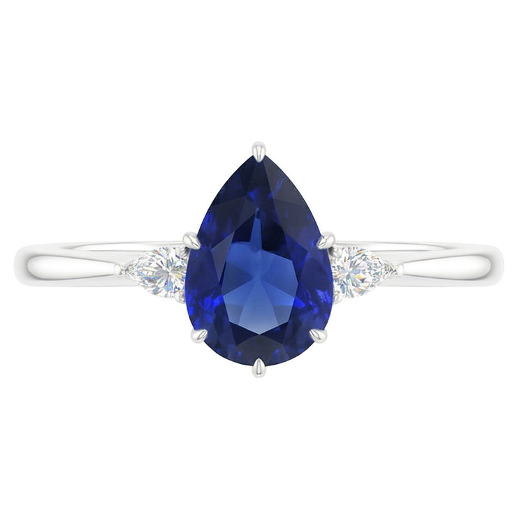 Bague Poire Diamant 3 Pierres Saphir Bleu 1.75 Carats Tige Conique Or