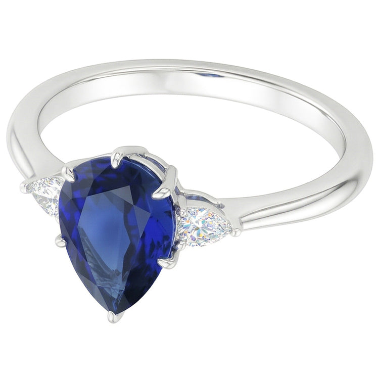 Bague Poire Diamant 3 Pierres Saphir Bleu 1.75 Carats Tige Conique Or