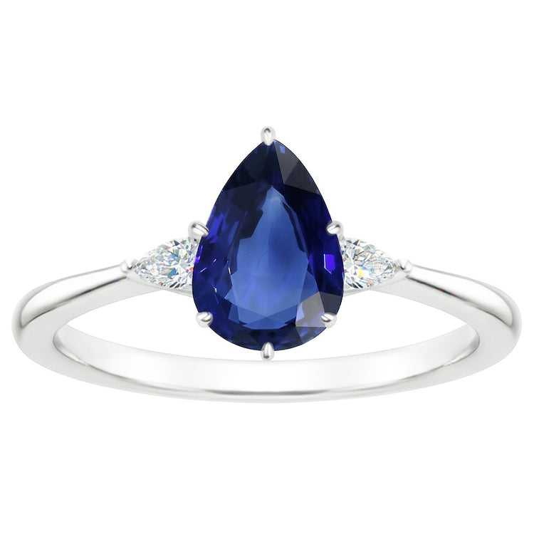 Bague Poire Diamant 3 Pierres Saphir Bleu 1.75 Carats Tige Conique Or