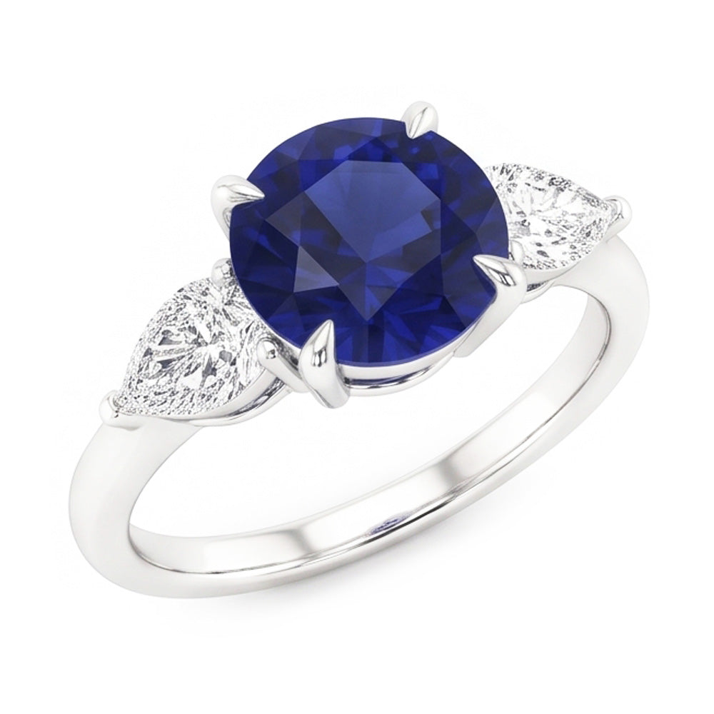 Bague Poire Diamant 3 Pierres Taille Ronde Saphir Bleu Bijoux 3 Carats